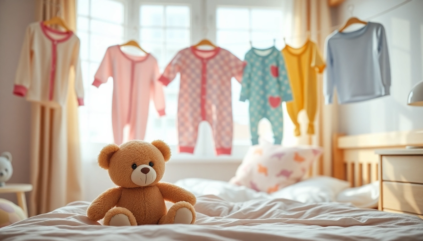 Adorable kids pajamas displayed in a cozy bedroom setting, inviting a sense of comfort and play.