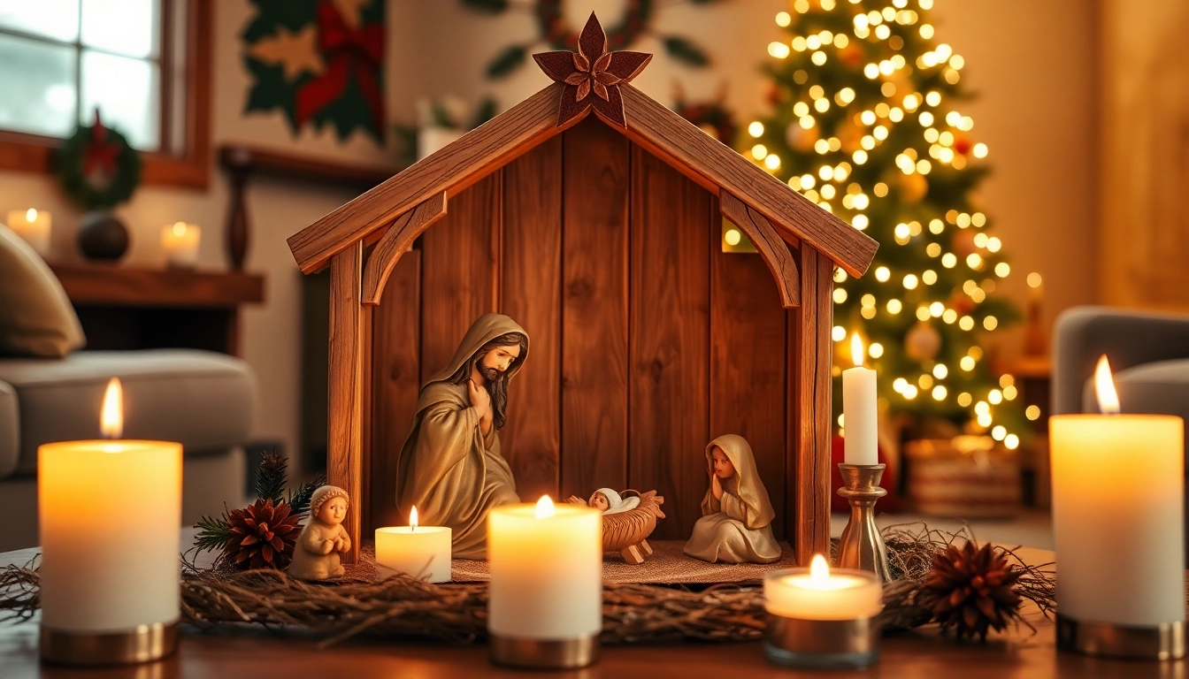 Displaying a beautiful Nativity set with hand-painted figures, delicately arranged in a rustic setting.