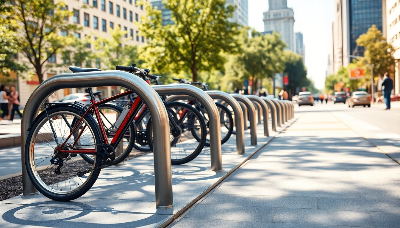 Modern bike rack displayed in a vibrant urban setting, reflecting sunlight and enhancing city life.