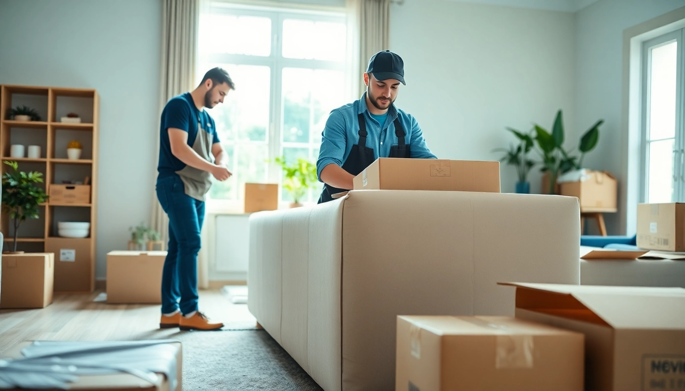 Movers Calgary efficiently packing and loading furniture in a modern living room setting.