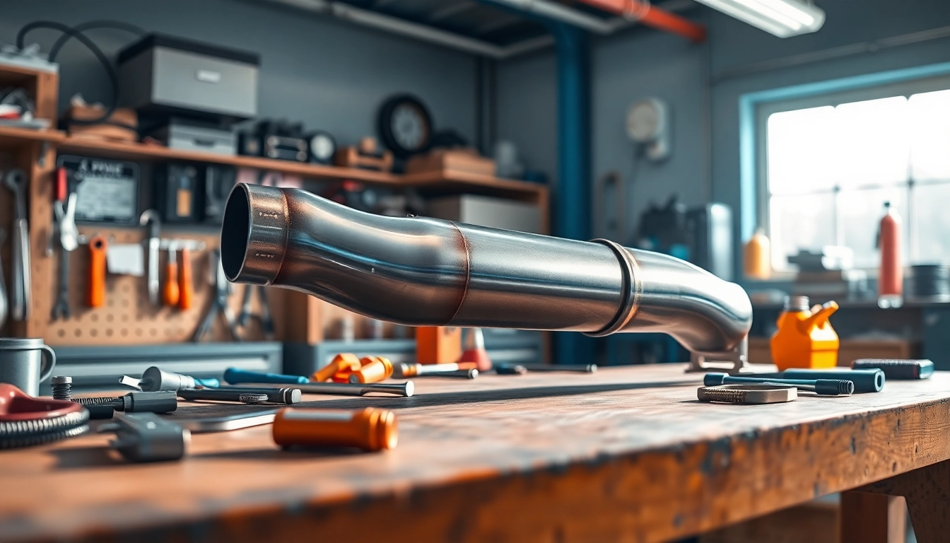 Detail of a catless downpipe n55 showcased in an automotive workshop environment.