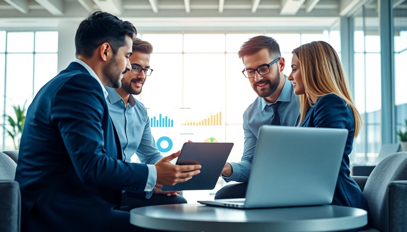 Engaged sales team utilizing competitive intelligence for sales strategies in a modern office.