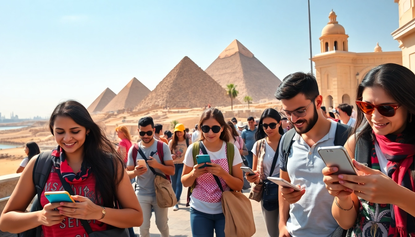 Travelers activating Egypt esim against iconic Cairo landmarks for seamless connectivity.