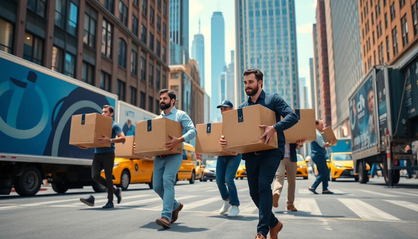 Efficient moving company nyc team working in an urban setting carrying boxes.