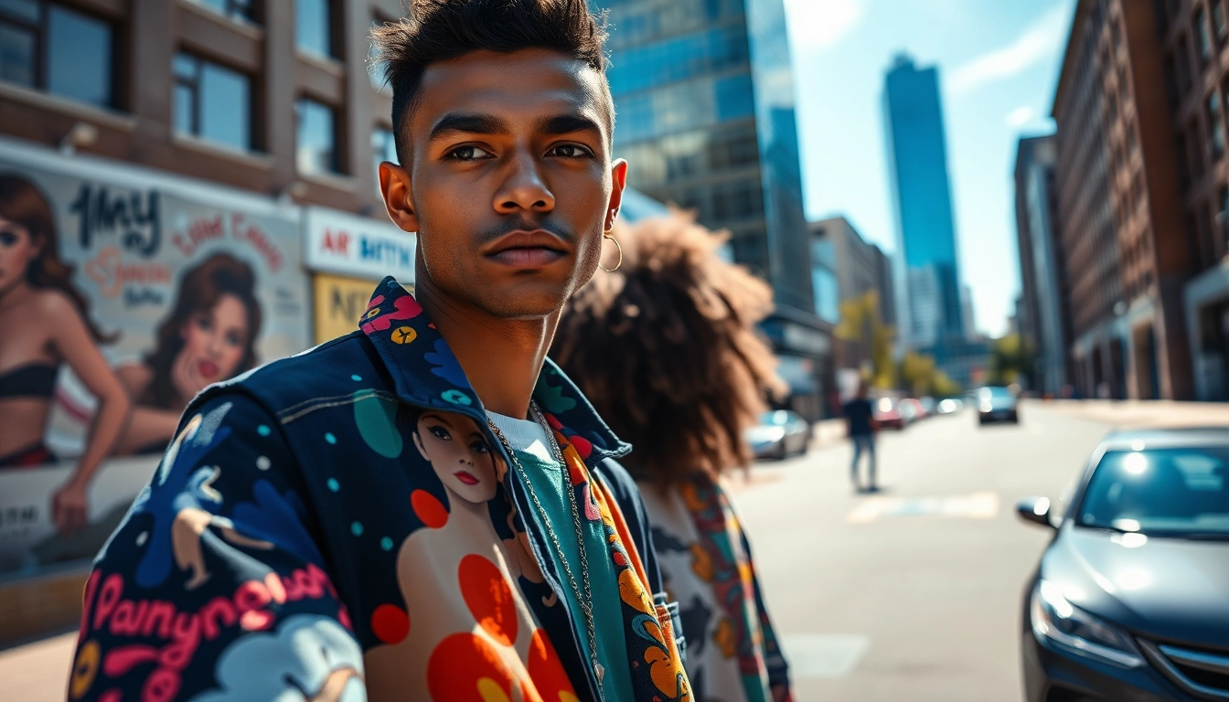 Showcase of premium art clothing Calgary in an urban setting highlighting unique fashion designs.