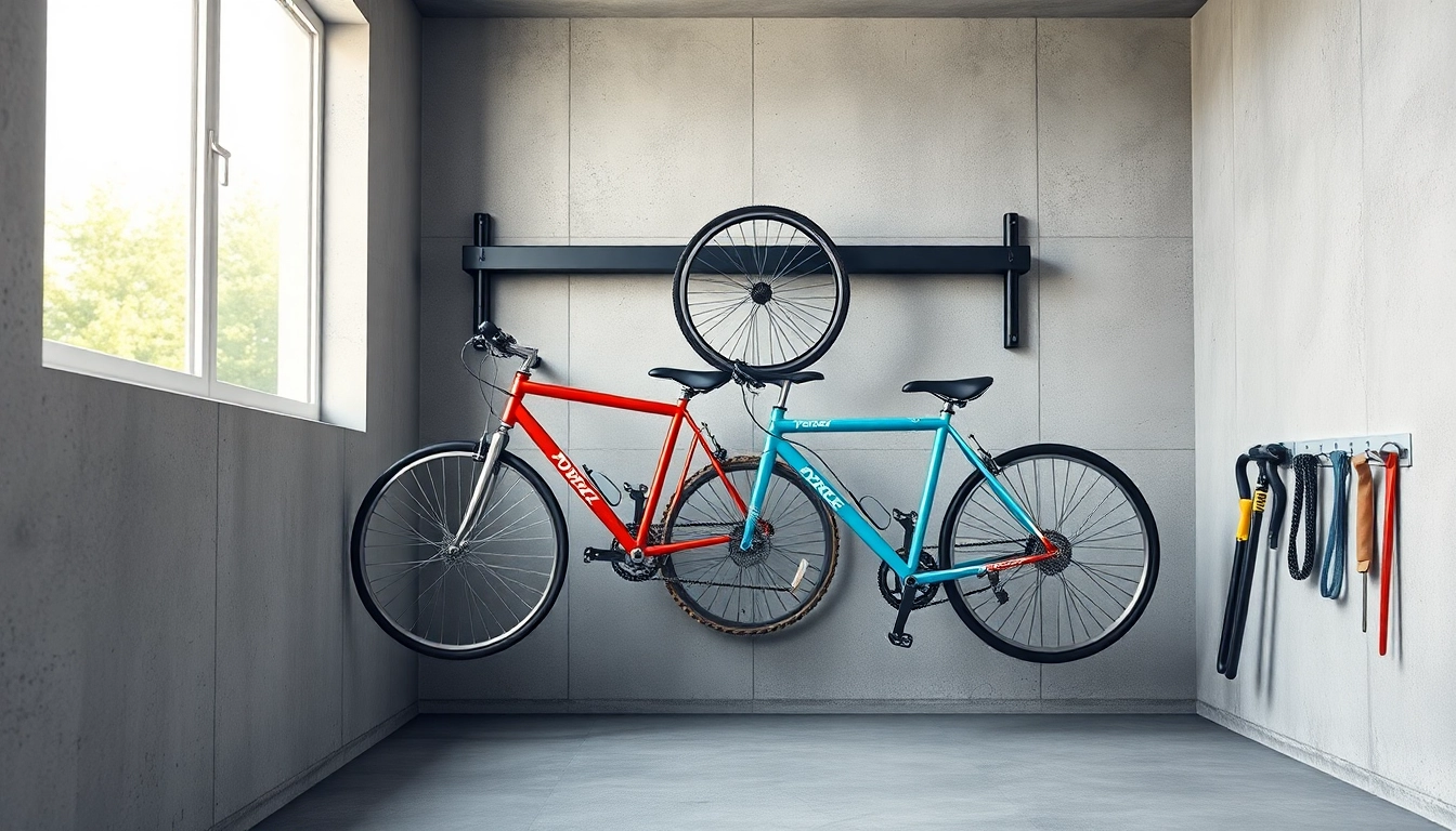 Showcase of a Space-saving bike rack neatly organizing bicycles in a modern garage setting.