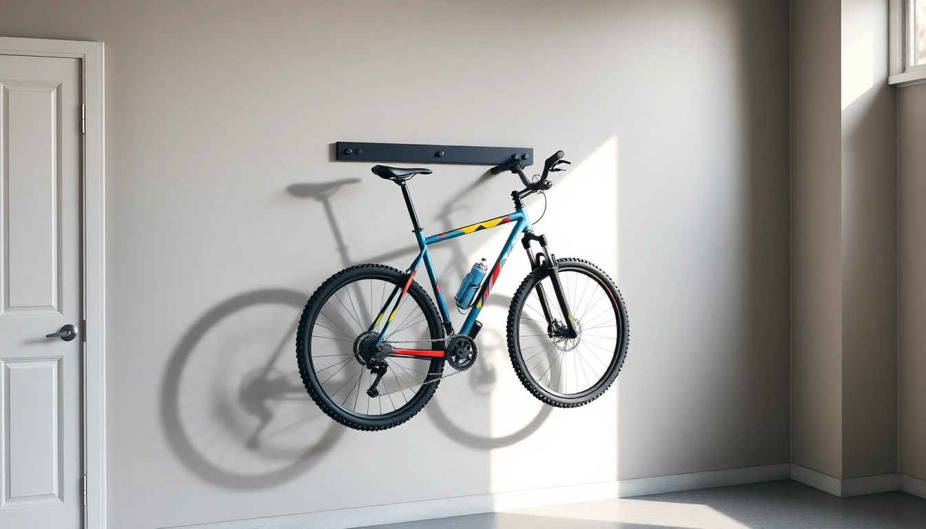 Stylish bike wall mount elegantly displaying a mountain bike in a modern garage.