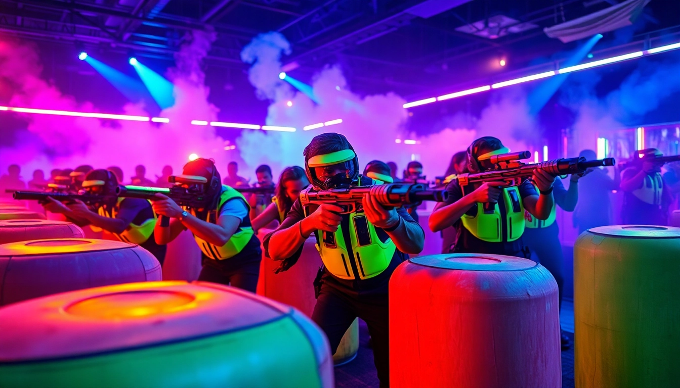 Engaged players in a laser tag arena, showcasing vibrant lights and immersive gameplay.