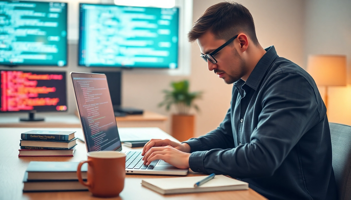 Learn PHP programming online with a focused software developer coding in an office.