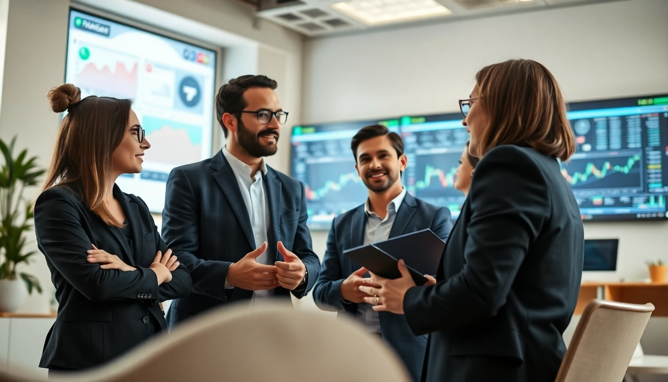 Engaged professionals discussing social trading strategies in a modern office setting.