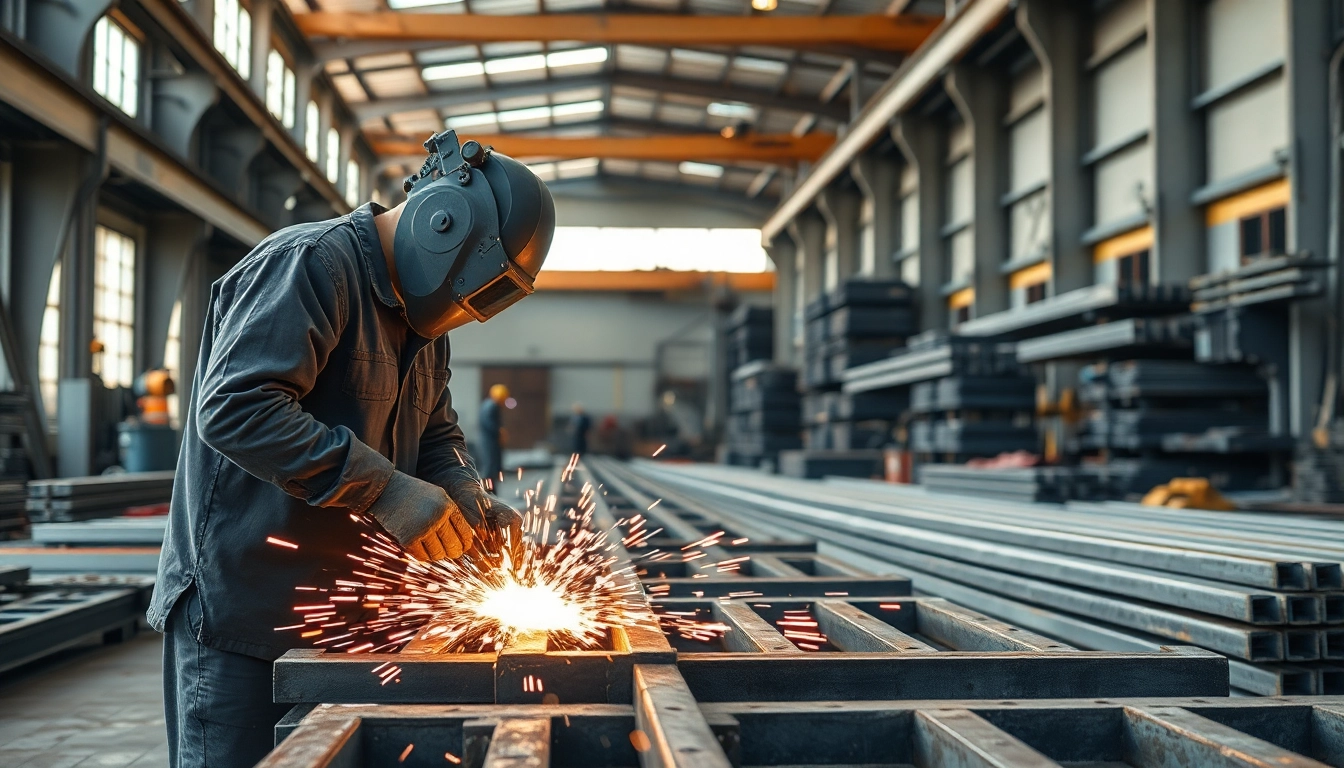 Workers efficiently operating in a steel fabrication shop, showcasing dynamic metalwork processes.