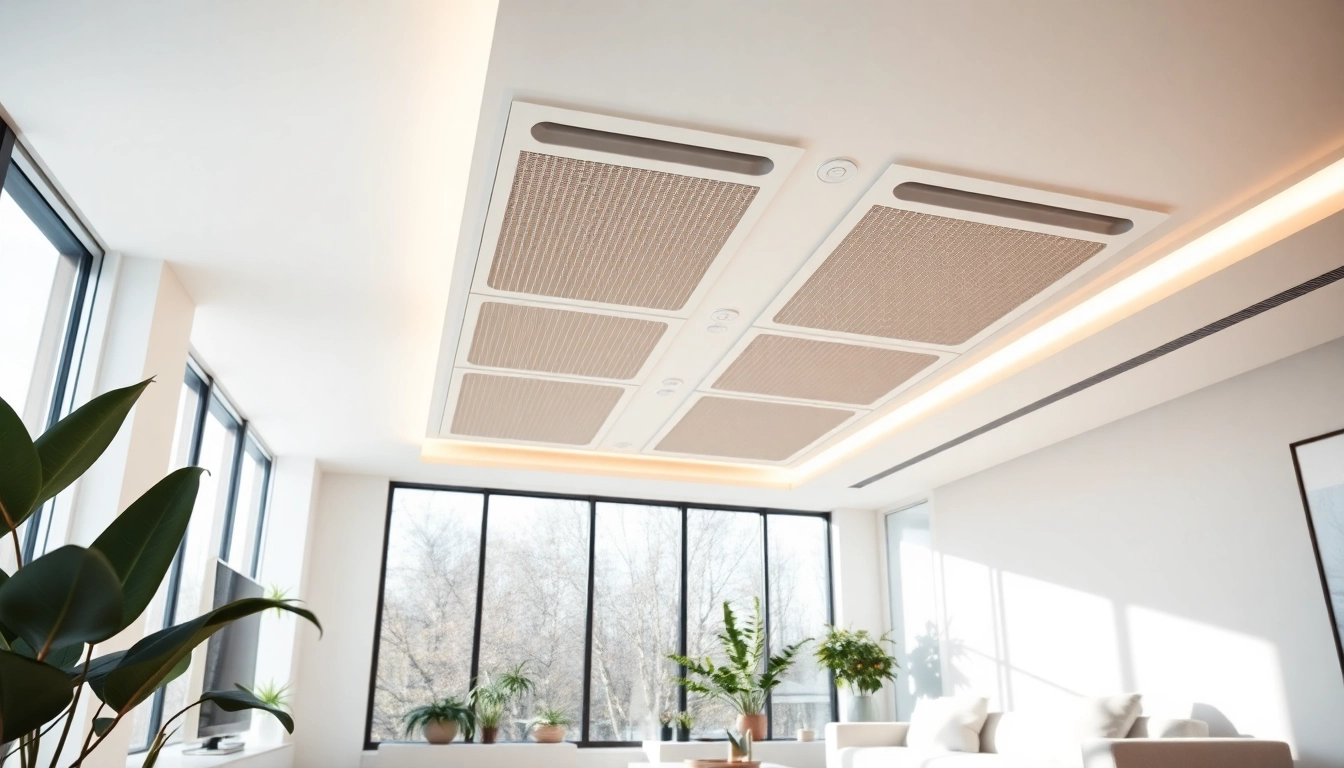 Veranschaulichen Sie die infrarotheizung decke in einem modernen Wohnraum mit eleganter Gestaltung.