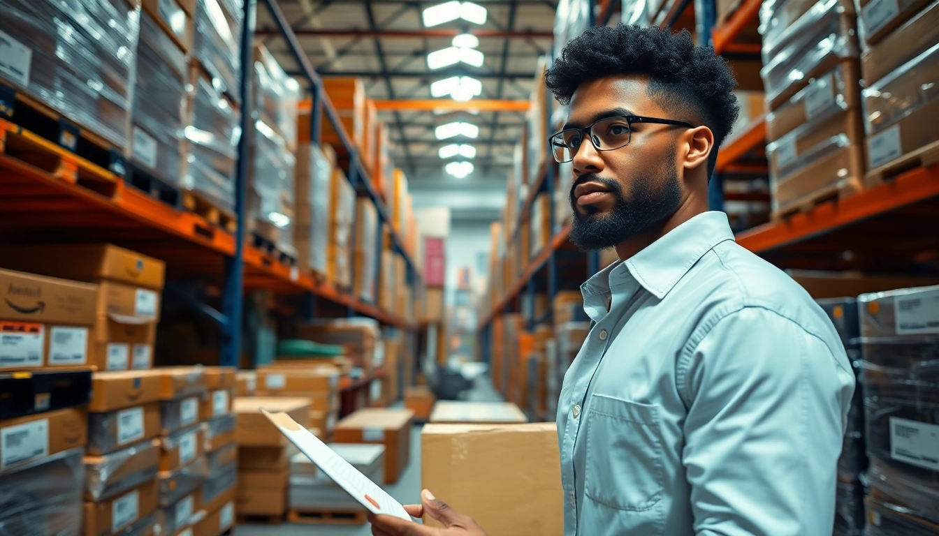 Efficient Amazon FBA wholesale seller reviewing inventory in a well-organized stockroom.