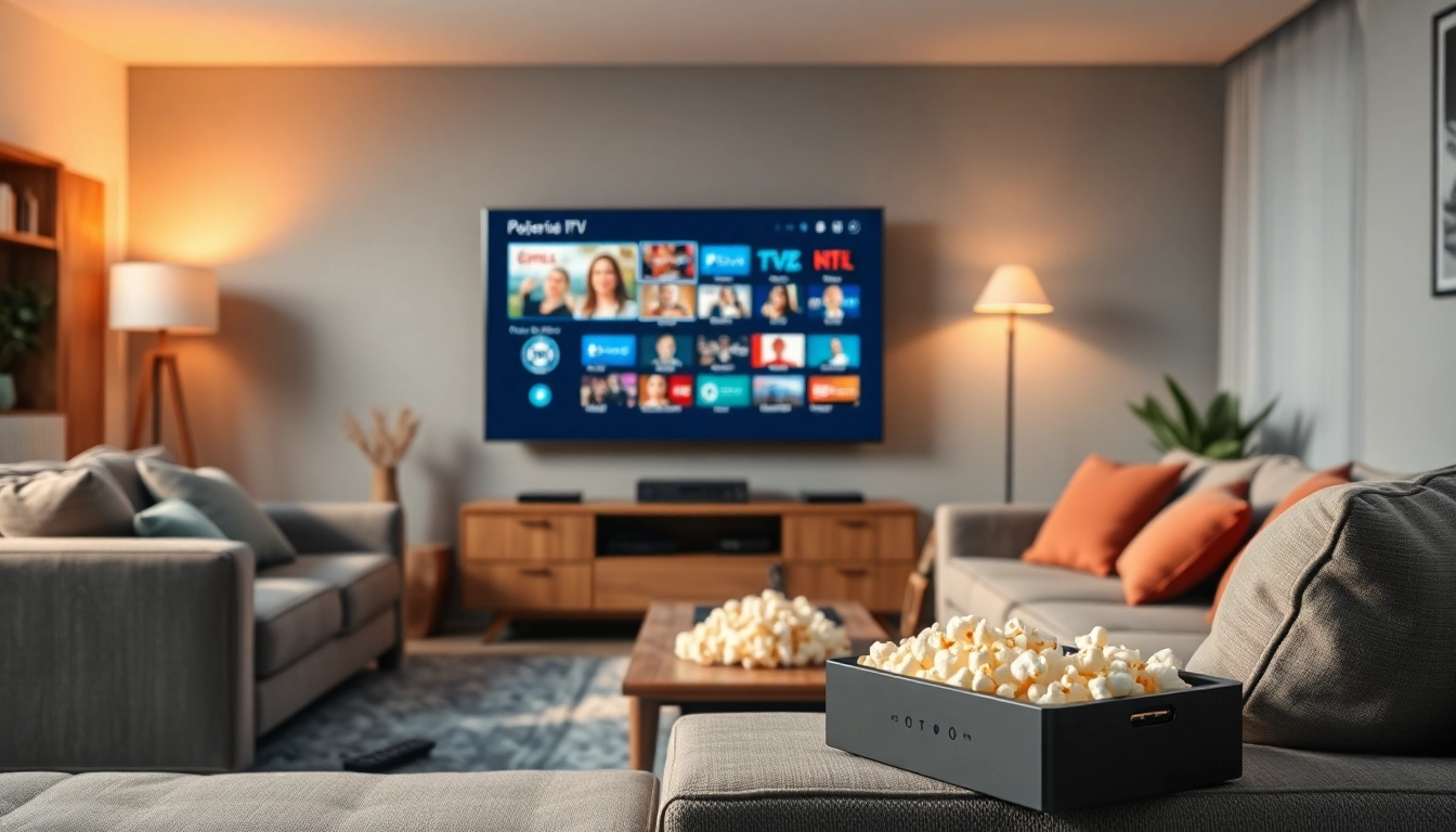 Comprar IPTV en una moderna sala de estar con decoración acogedora y un televisor brillante.